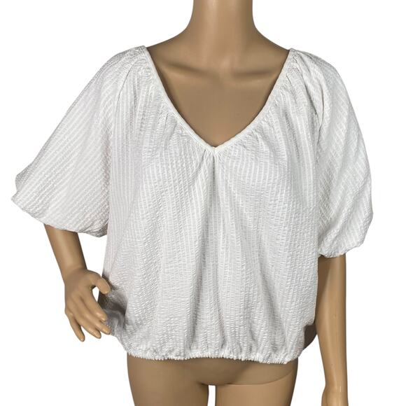 LOFT NWT White V-neck Crinkle Seersucker Peasant Top SZ L - Picture 2 of 11